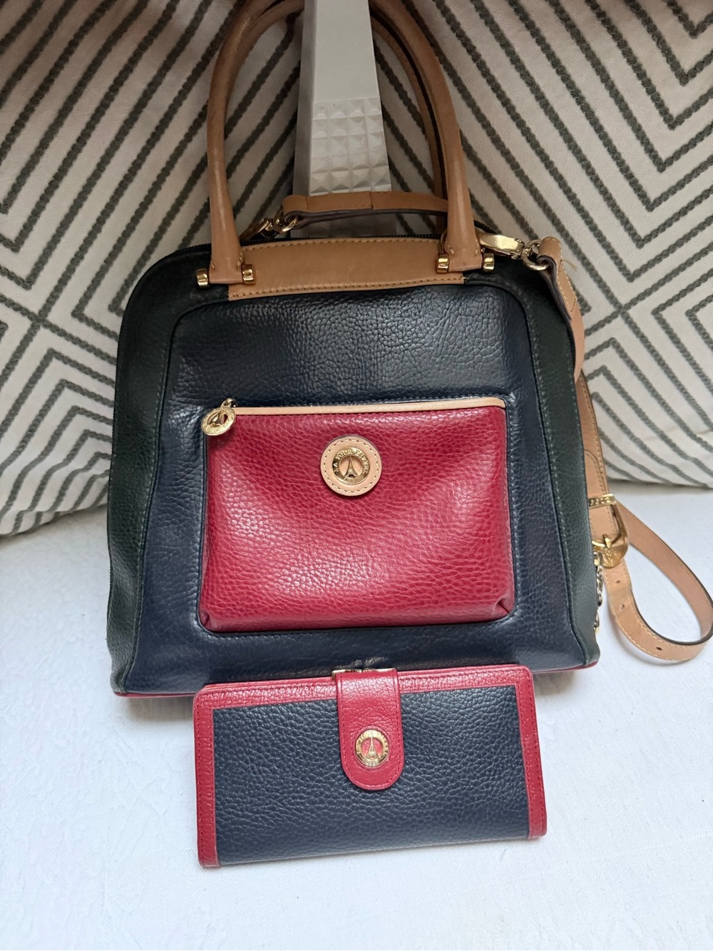 La Tour Eiffel Vintage  Tri Color Pebbled Leather Satchel with Matching Wallet